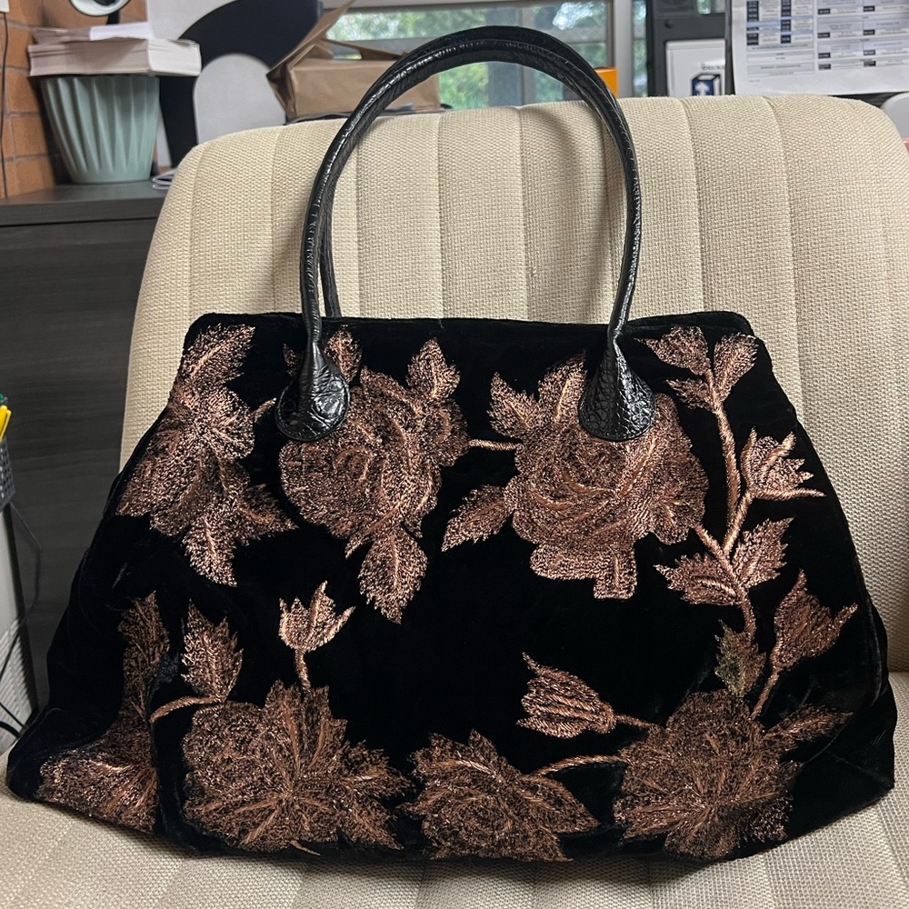Clever Carriage Company Black and Gold Floral Handbag